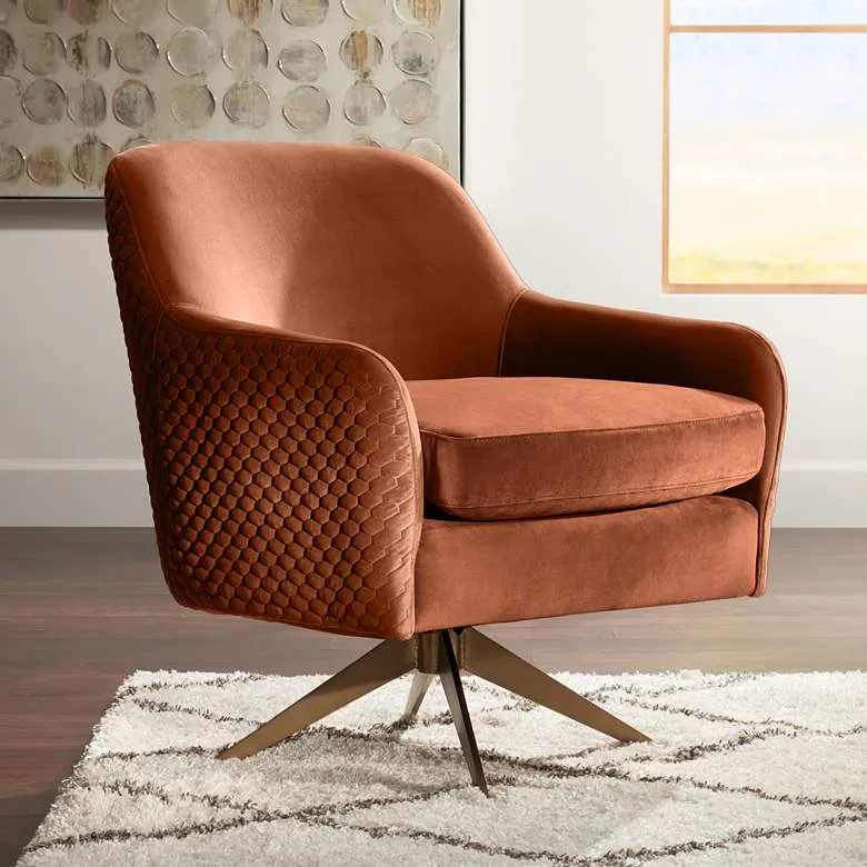 Ames Quilted Pumpkin Velvet Modern Swivel Club Chair