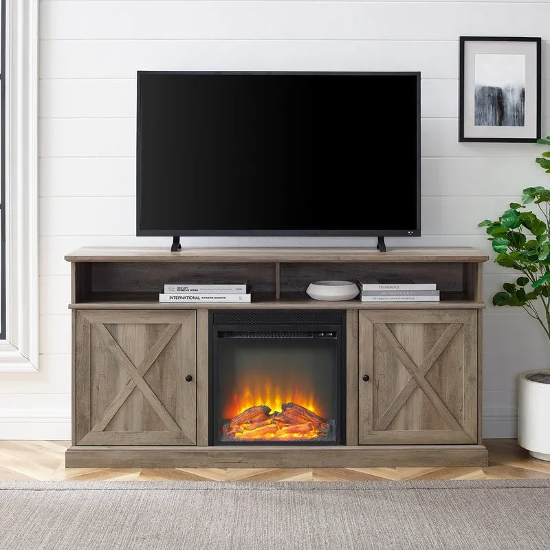 Cherrington 60" Tall Highboy Barn Door Fireplace TV Stand - Grey Wash
