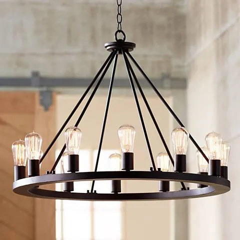 Franklin Iron Lacey 28" Black 12-Light LED Ring Wagon Wheel Chandelier