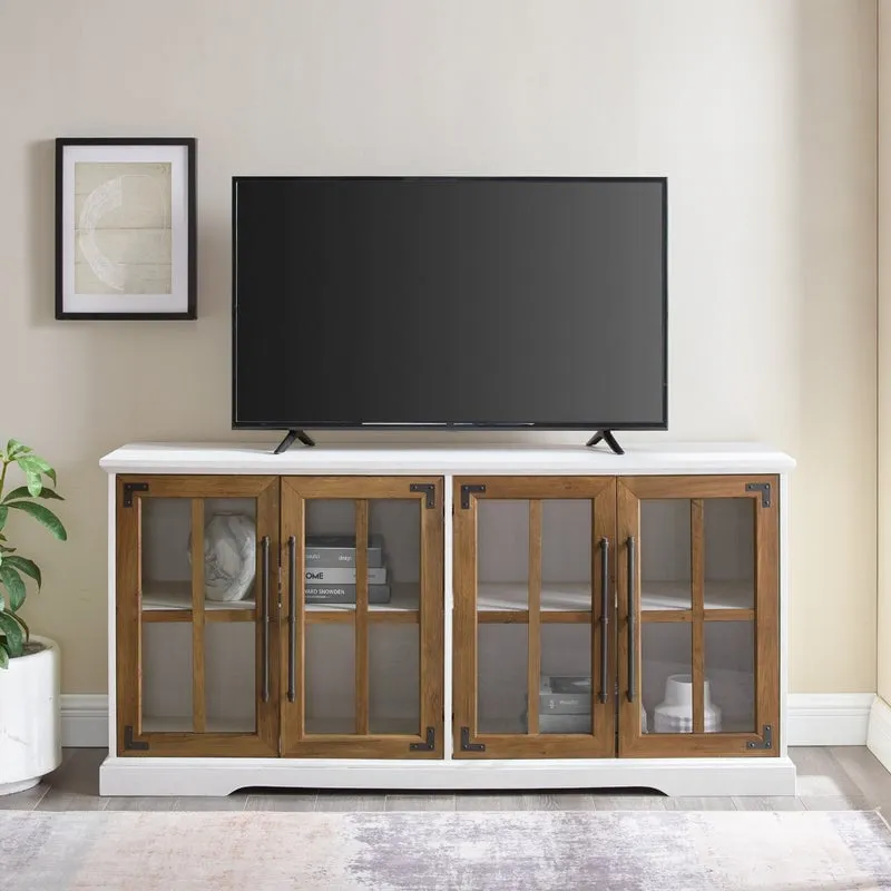  58" 4 Glass Door TV Stand Console - Brushed White / Rustic Oak