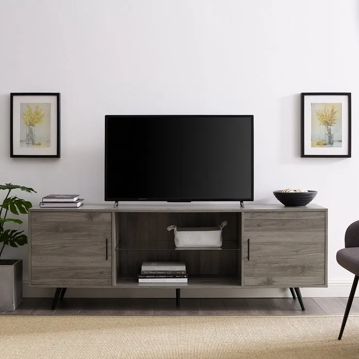 Nora 70" Mid Century Modern Glass Shelf 2 Door TV Stand - Slate Grey