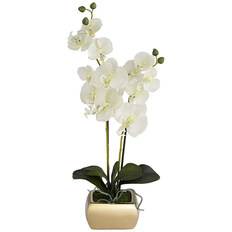 White Orchid 22" High Faux Flowers in Gold Ceramic Pot