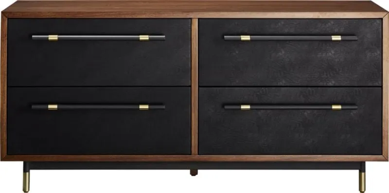 Oberlin 62" Black Vegan Leather and Wood 4-Drawer Dresser