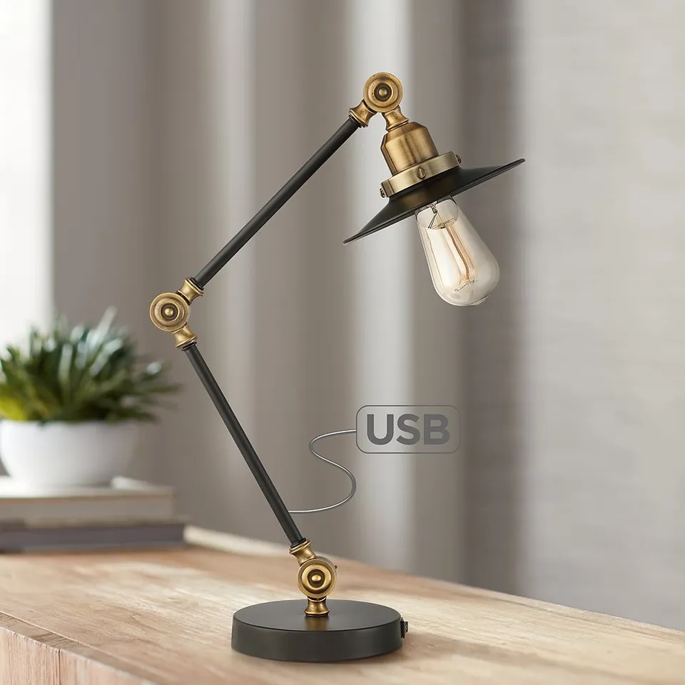 Gilmore Black and Gold Adjustable Desk Lamp with USB Ports
