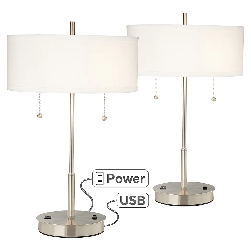 Possini Euro Nikola 23 3/4" Silver Outlet and USB Table Lamps Set of 2