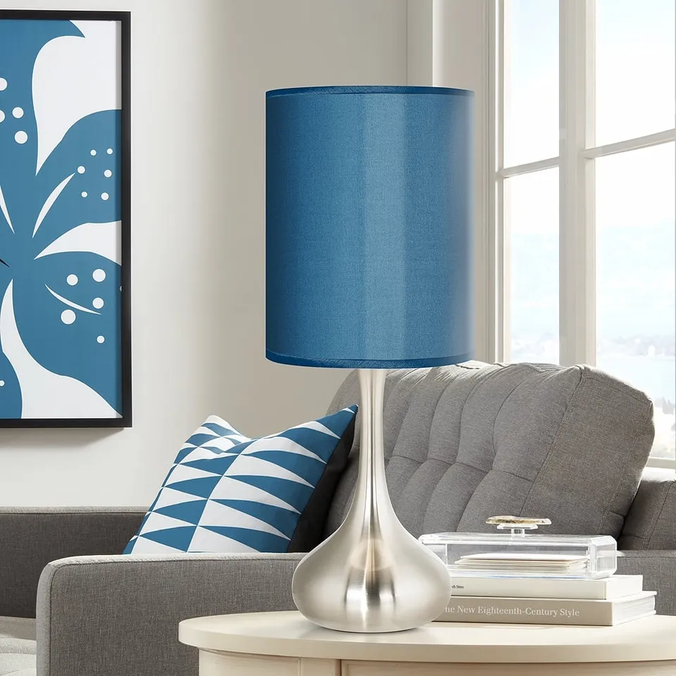 Possini Euro 23 1/2" Blue Faux Silk Nickel Droplet Modern Table Lamp