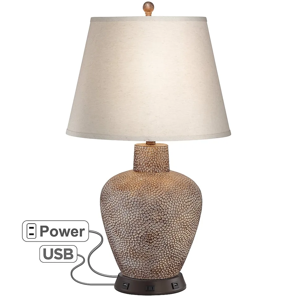 Possini Euro Bentley Bronze Hammered Pot Lamp with USB Workstation Base