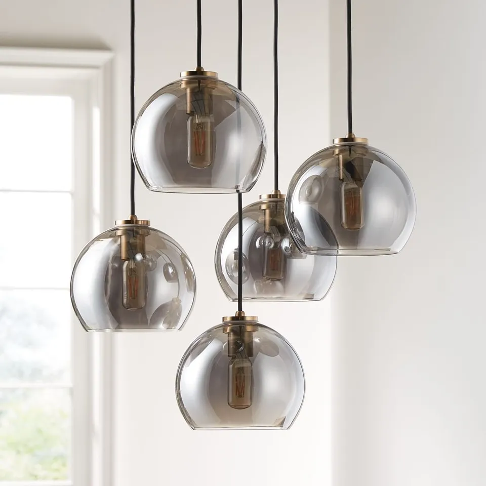Arren Brass 5-Light Round Pendant with Round Silver Glass Shades 18"