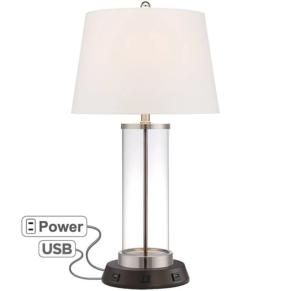 Possini Euro Clear Glass Fillable Table Lamp with USB Workstation Base