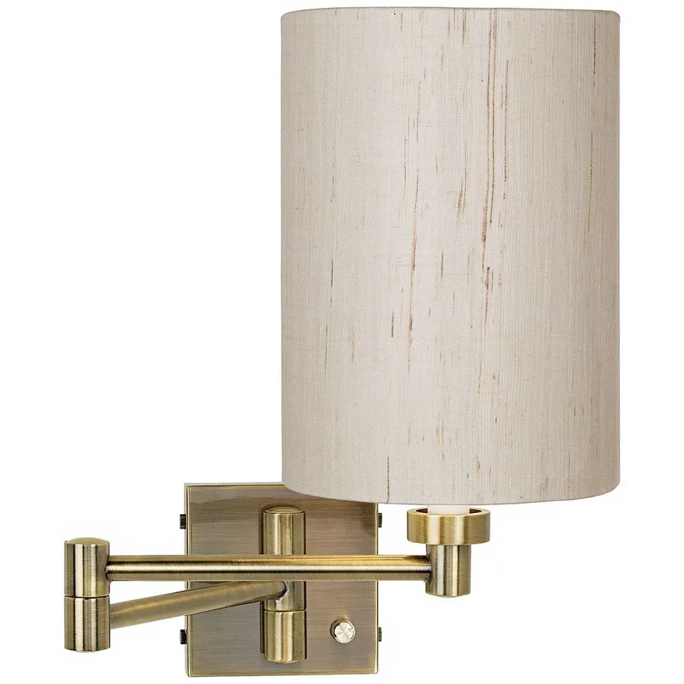 Barnes and Ivy Antique Brass Linen Shade Plug-In Swing Arm Wall Lamp