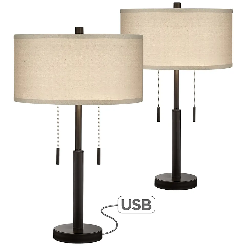 Franklin Iron Works Bernie 25" Bronze USB Table Lamps Set of 2