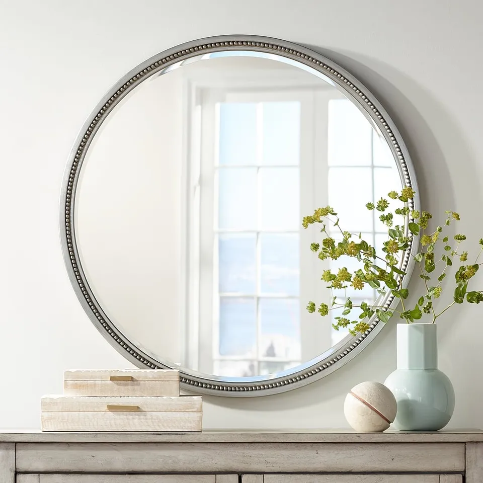 Noble Park Esparza 32 3/4" Beaded Trim Round Silver Wall Mirror