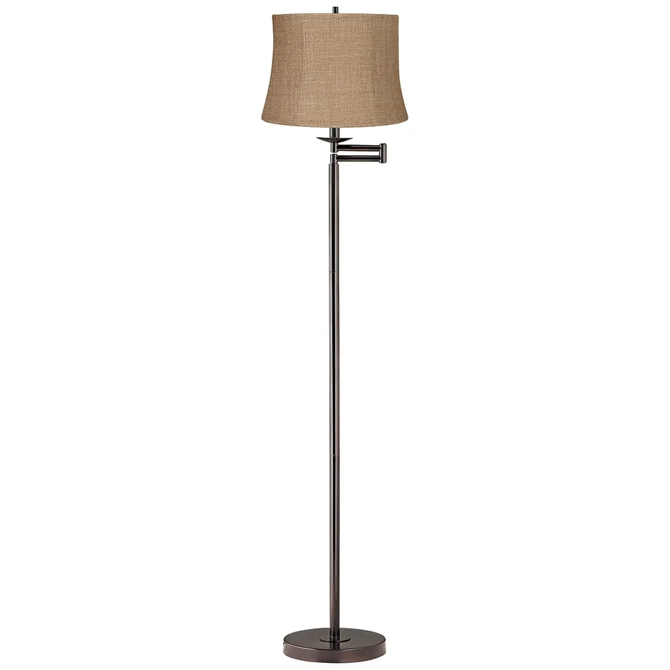 Regency Hill 60 1/2" Natural Burlap and Bronze Swing Arm Floor Lamp