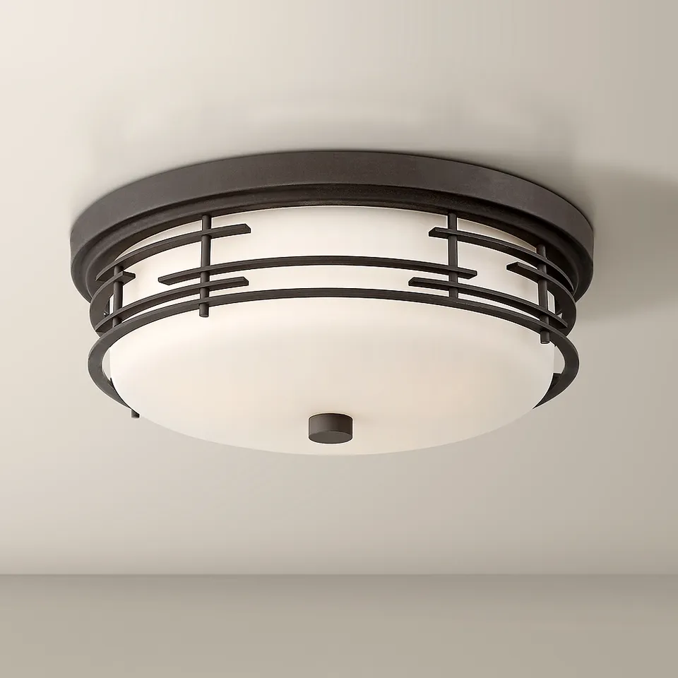 Franklin Iron Works Arlen 14" Bronze and White Glass Ceiling Light