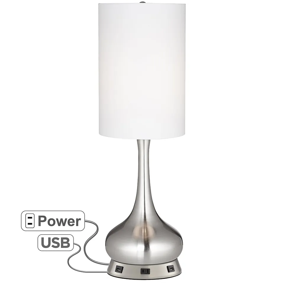 Possini Euro Brushed Nickel Droplet Table Lamp with USB Workstation Base