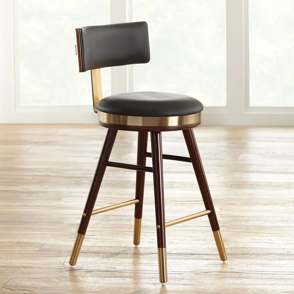 Studio 55D Parker 27 3/4" Black Leather and Gold Modern Counter Stool