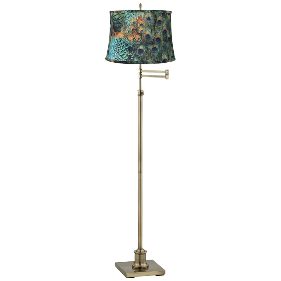 Regency Hill Westbury Peacock Print Shade Brass Swing Arm Floor Lamp