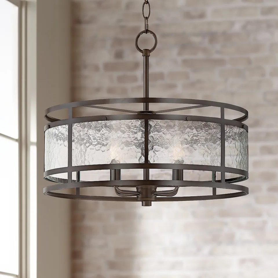 Franklin Iron Works Elwood 20" Textured Glass and Bronze Drum Pendant
