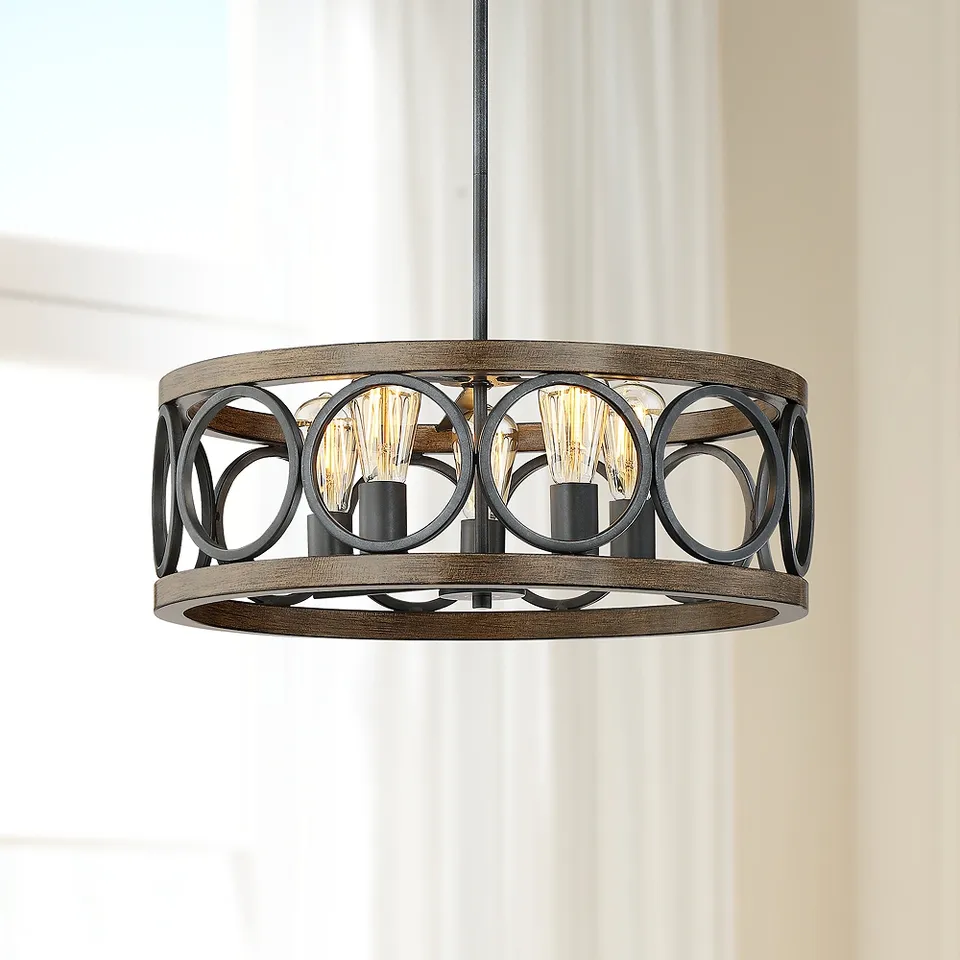 Franklin Iron Salima 21 1/4" Bronze and Wood 5-Light Round Chandelier