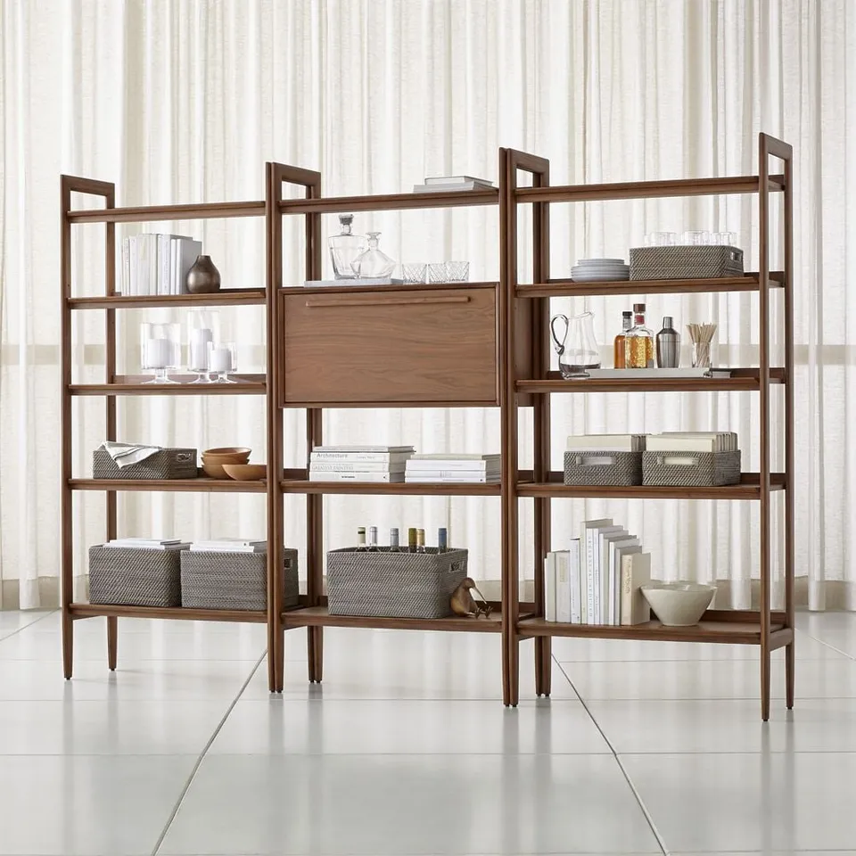 Tate 108" Walnut Bookcase Bar Cabinet with 2 Wide Bookshelves