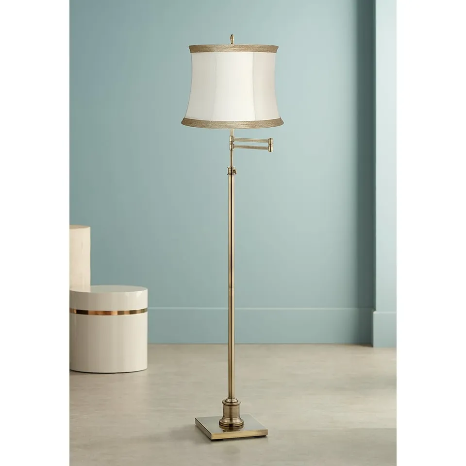 Regency Hill Westbury Ivory Linen and Brass Adjustable Swing Arm Floor Lamp