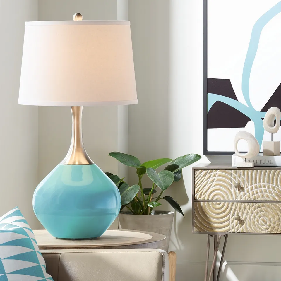 Color Plus Spencer 31" Modern Glass Nautilus Blue Table Lamp