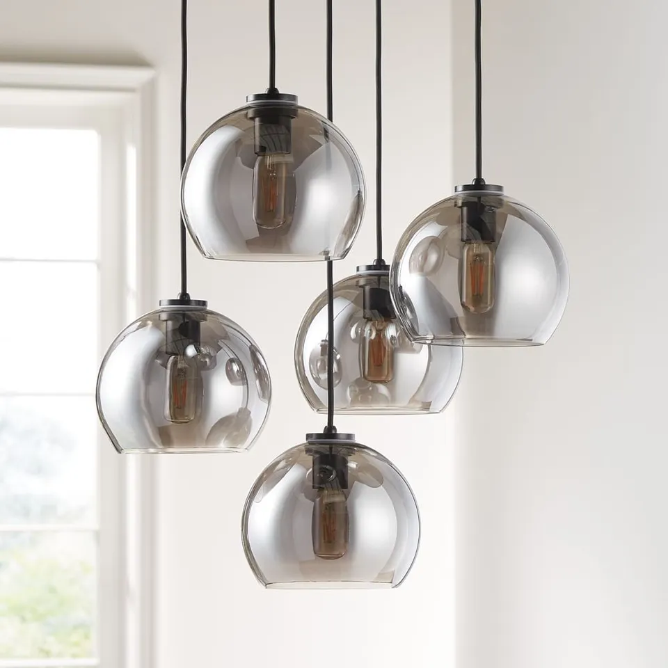 Arren Black 5-Light Round Pendant with Round Silver Glass Shades 18"