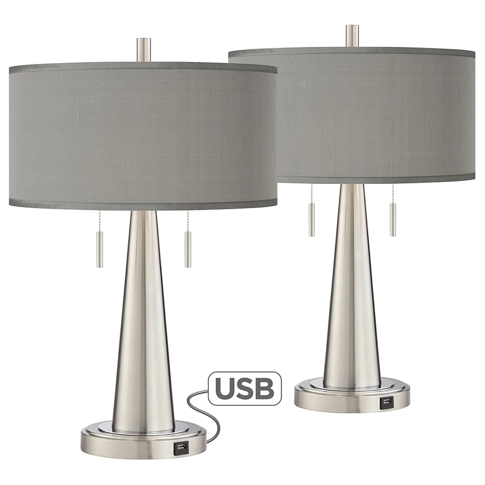 Possini Euro Vicki 23" High Nickel Gray Faux Silk USB Lamps Set of 2