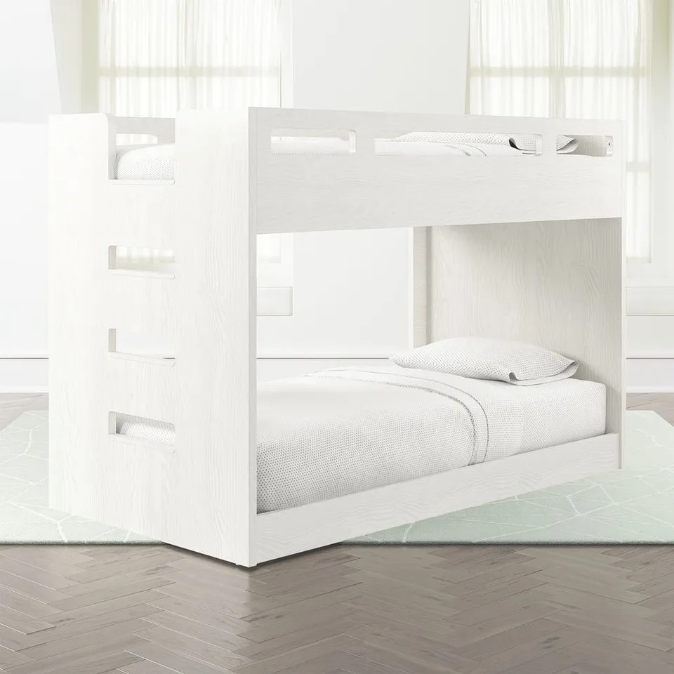 Abridged White Glaze Wood Low Kids Twin Bunk Bed with Left Ladder