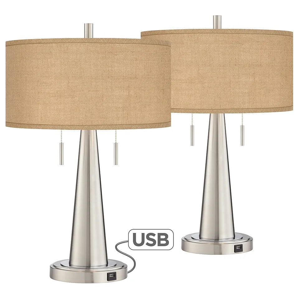 Possini Euro Vicki 23" Burlap and Nickel USB Table Lamps Set of 2
