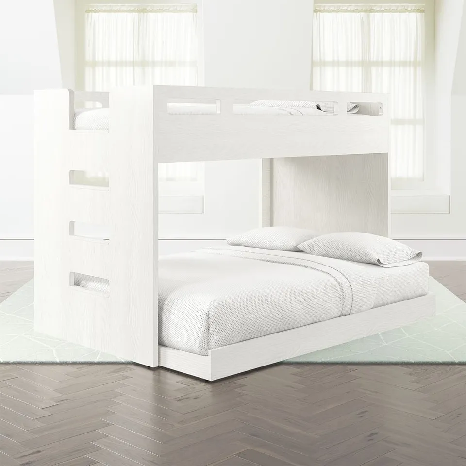 Abridged White Glaze Wood Kids Twin Over Full Bunk Bed with Left Ladder
