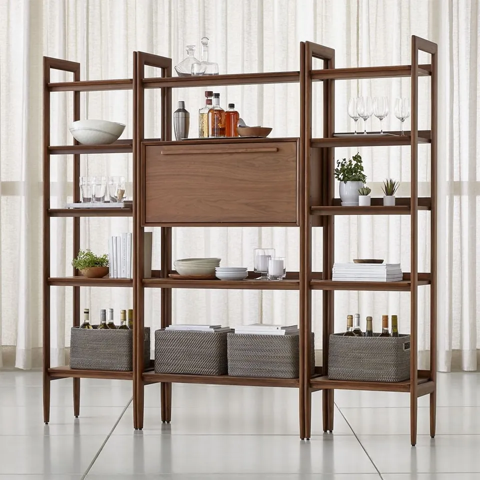Tate 80" Walnut Bookcase Bar Cabinet with 2 Bookshelves