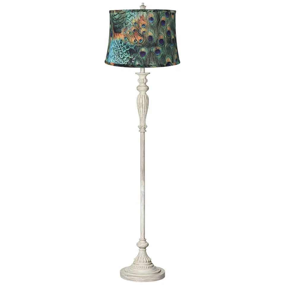 Regency Hill 60" Peacock Print Shade Antique White Floor Lamp