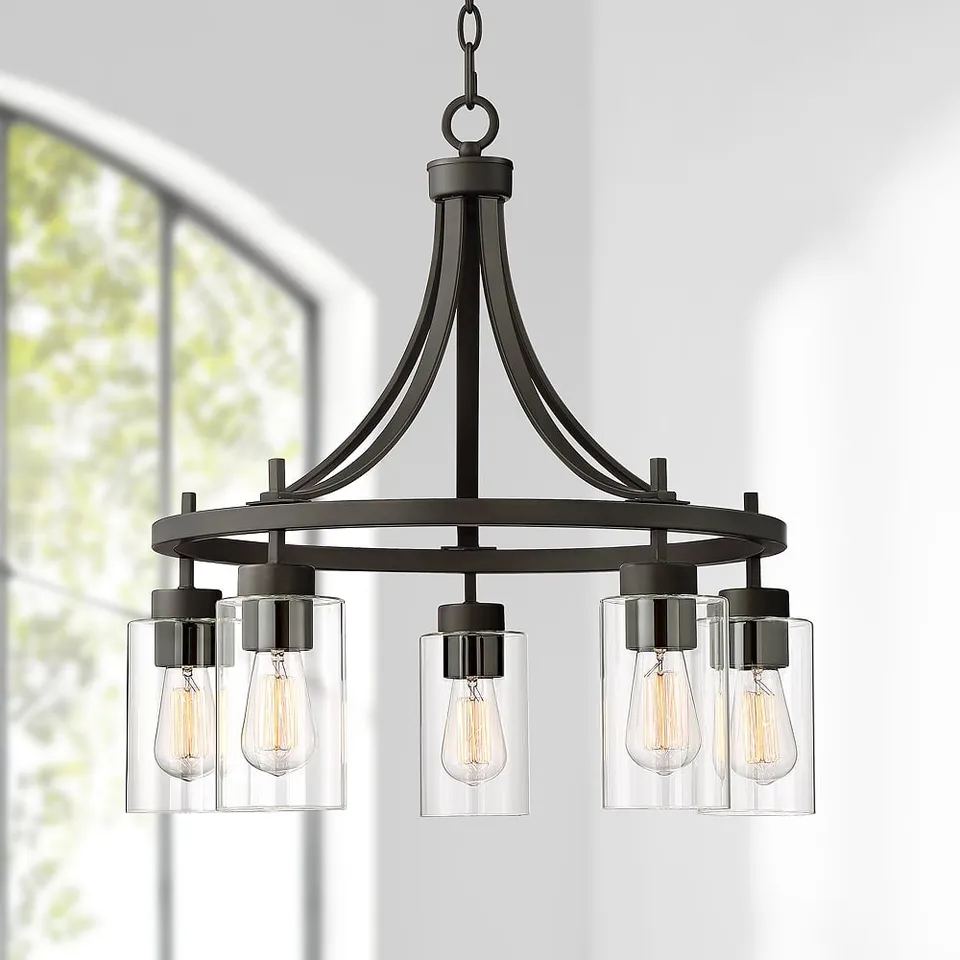 Franklin Iron Caleb 23 3/4" Wide Bronze and Glass 5-Light Chandelier