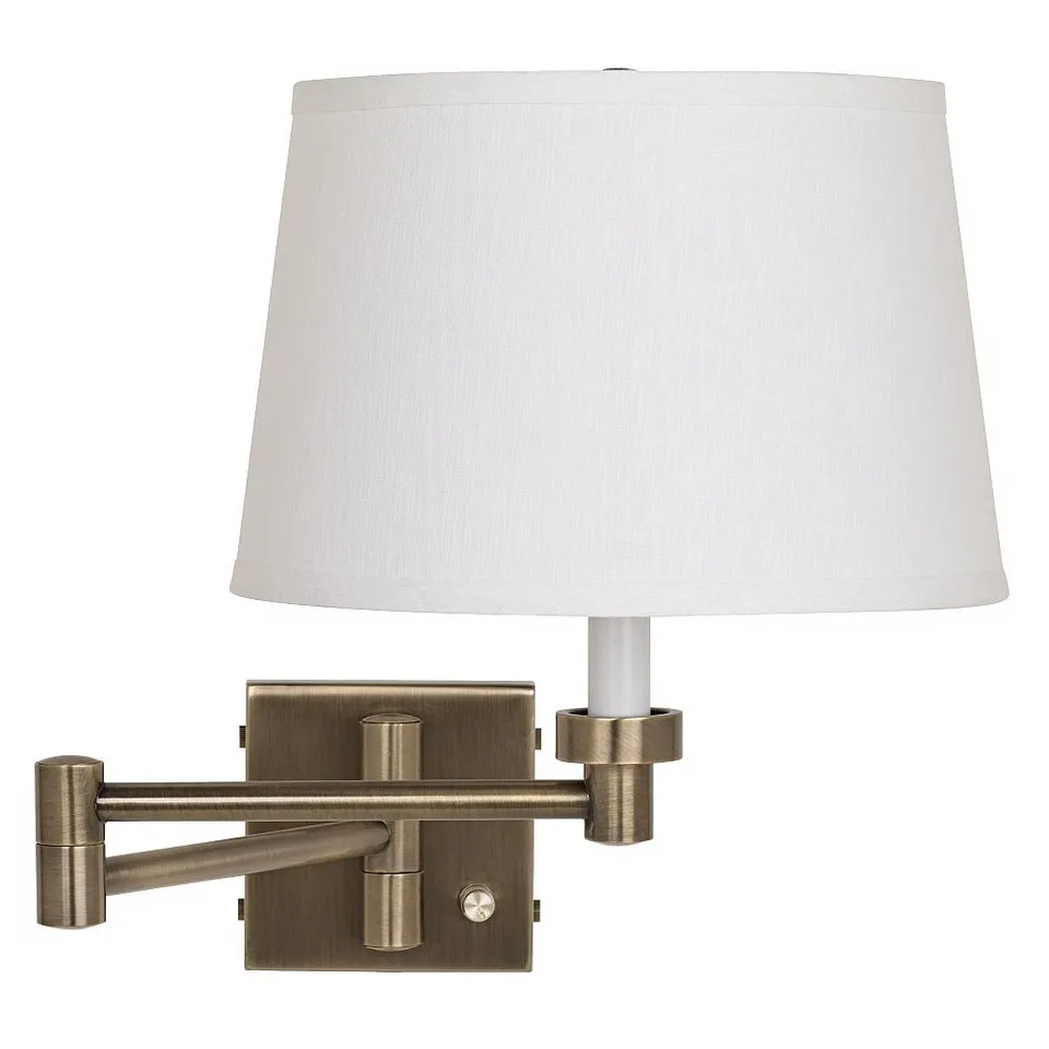Barnes and Ivy Brass with White Linen Shade Plug-In Swing Arm Wall Lamp