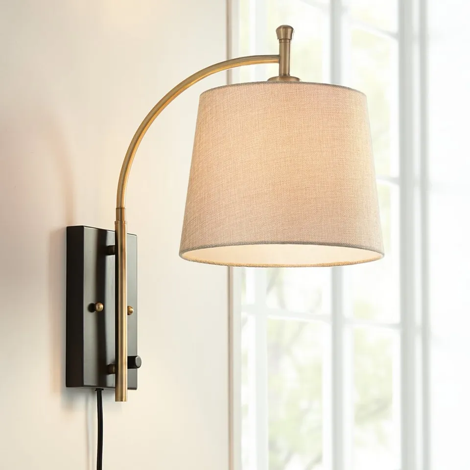 360 Lighting Chester Antique Brass and Black Swing Arm Plug-In Wall Lamp