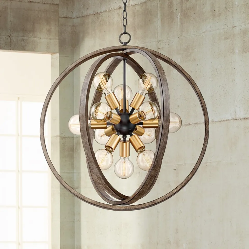 Possini Euro Stedman 25" 12-Light Gold and Wood Sputnik Orb Chandelier