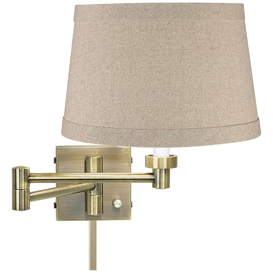 Barnes and Ivy Natural Linen Drum Antique Brass Swing Arm with Cord Cover