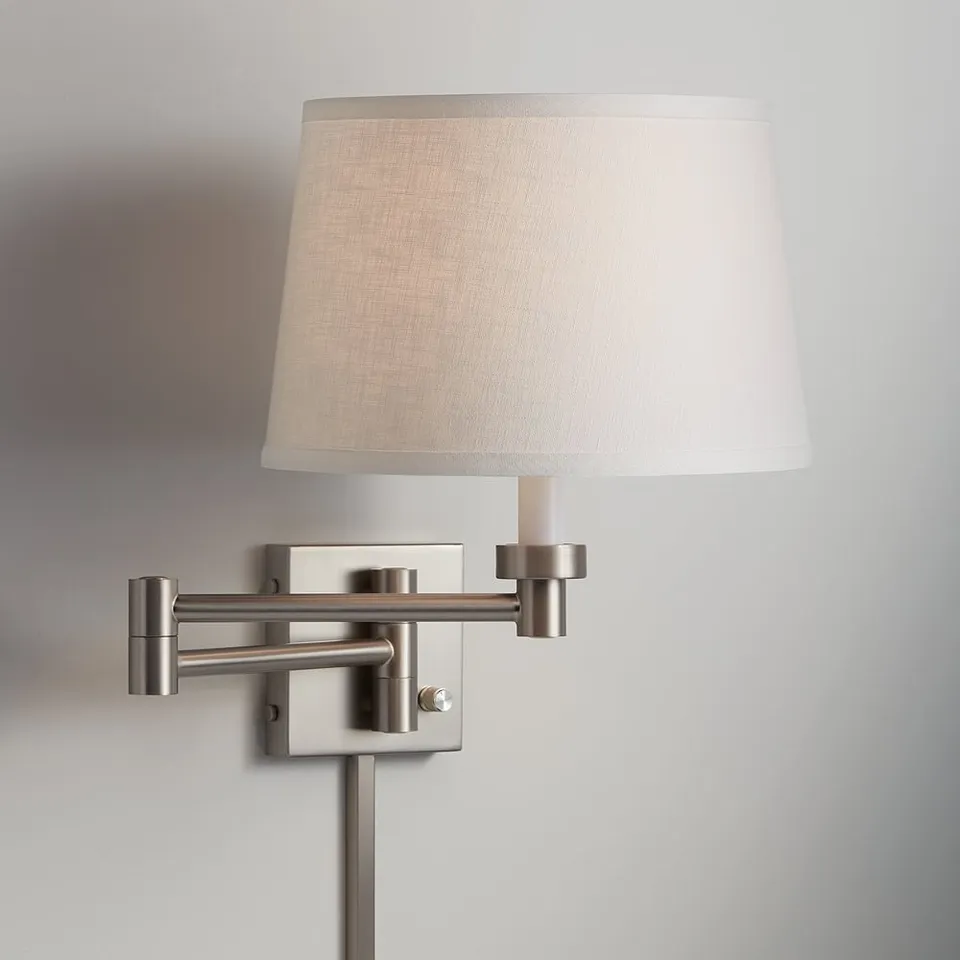 Possini White Linen Brushed Nickel Plug-In Swing Arm with Cord Cover