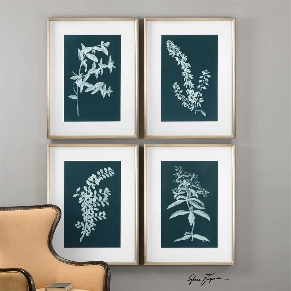 Pale Stems of Spring, S/4 - 29 W X 39 H X 2 D (in)  - Champagne silver leaf frame - With mat