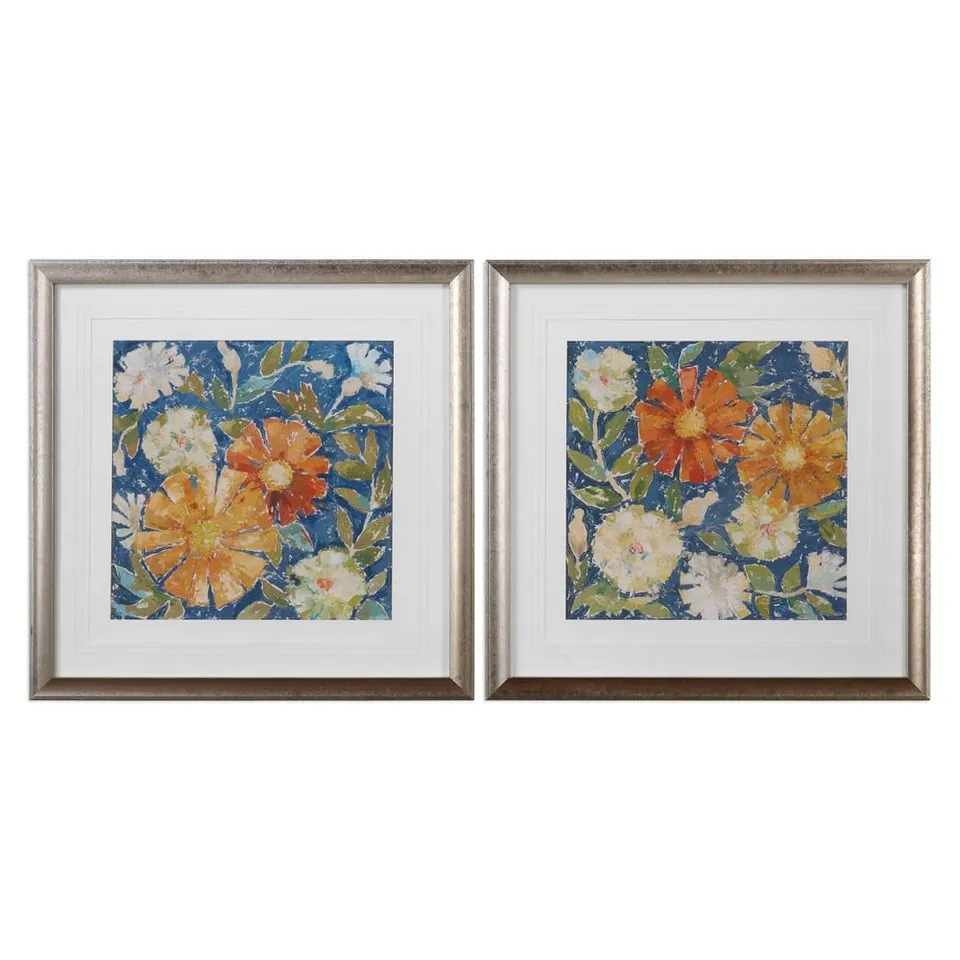 April Flowers, S/2 - 31'' x 31'' - Brushed gold leaf frame with Mat