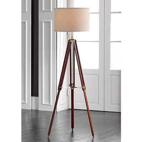 Possini Euro Cherry Wood Adjustable Height Surveyor Tripod Floor Lamp