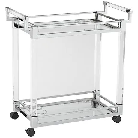 Rossi 32 3/4" Wide Clear Acrylic and Chrome Rolling Serving Bar Cart