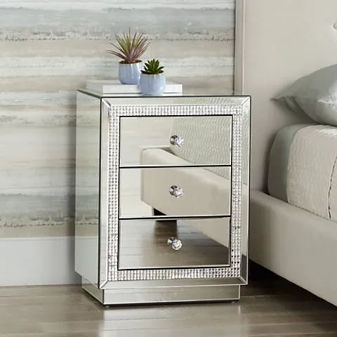 Karina 19" Wide 3-Drawer Beaded Mirrored Side Table