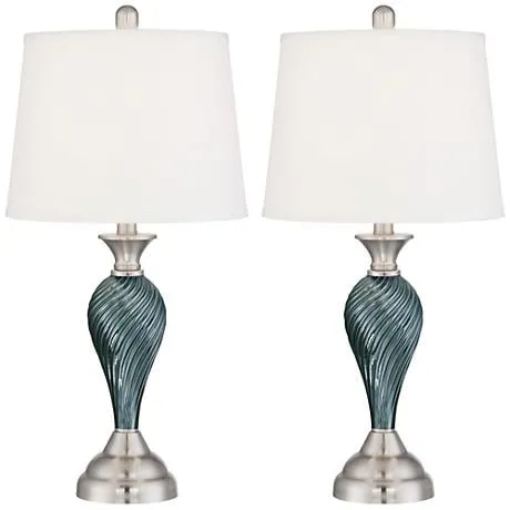 Regency Hill Arden 25" Green-Blue Glass Twist Column Lamps Set of 2