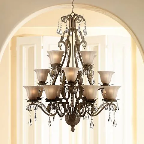 Franklin Iron Works 39" Roman Bronze and Crystal Tiered Chandelier