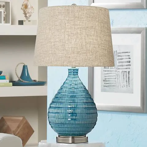 Possini Euro Kayley 24" Linen Shade Sky Blue Ceramic Table Lamp