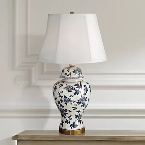 Regency Hill Rose Vine 25" Blue White Ceramic Temple Jar Table Lamp