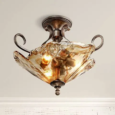 Franklin Iron Works Amber Scroll 20 1/4" Wide Art Glass Ceiling Light
