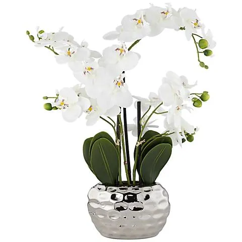 White Phalaenopsis 23" High Faux Orchid Flower in Silver Resin Pot